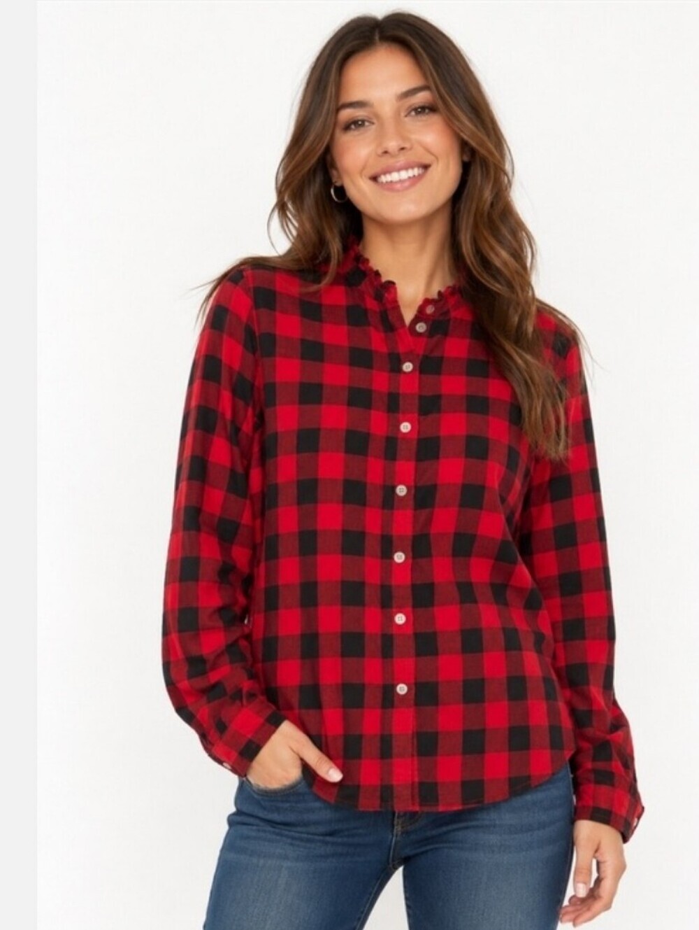J. Crew Red Silver Black Buffalo Plaid Ruffle Trim Button Front Flannel Shirt S